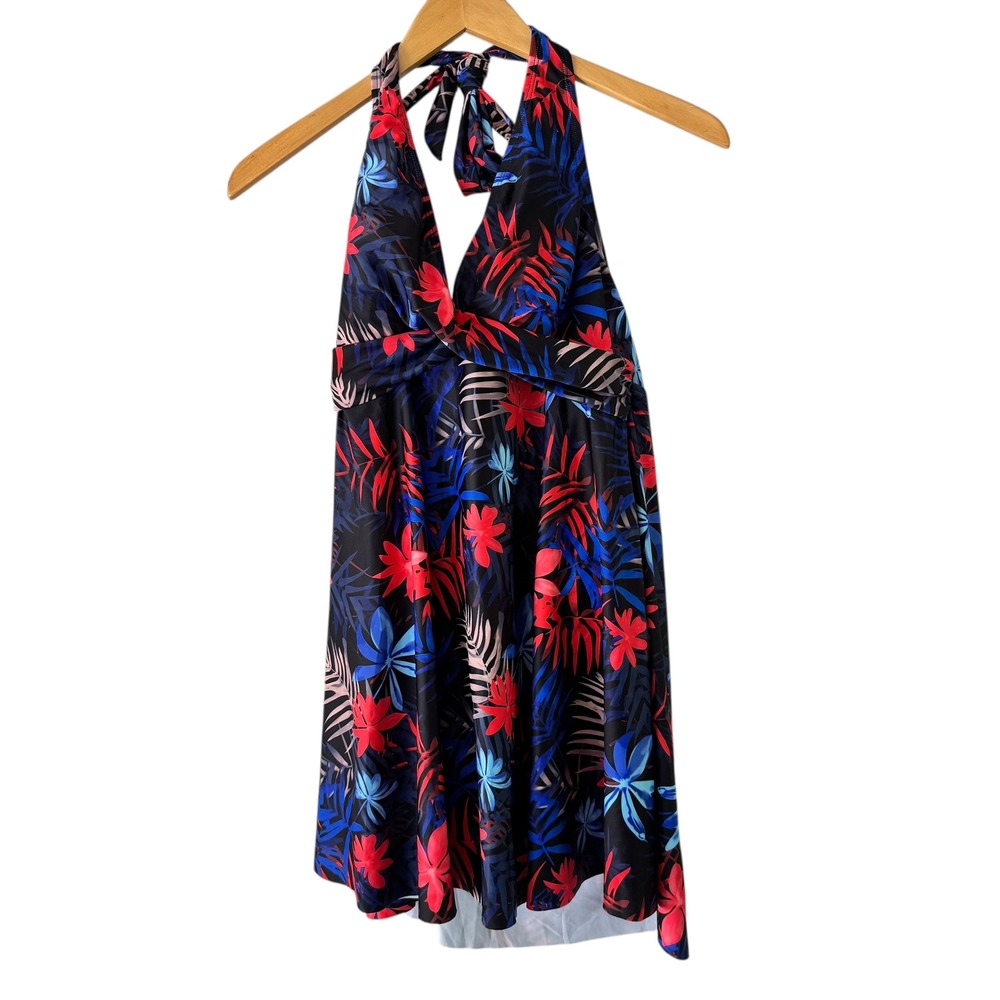 Aimage Halter Swim Dress Floral Print Swimsuit‎ Cover Up Black Red Blue L